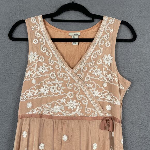 Odille Dress Womens 6 Tan White Floral Embroidered Mesh Overlay Sleeveless Bow - Picture 2 of 9